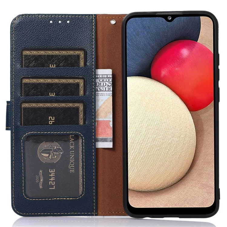 KHAZNEH For iPhone 15 RFID Blocking Litchi Texture Leather Case Stand Wallet Phone Cover - Blau