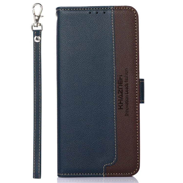 KHAZNEH For iPhone 15 RFID Blocking Litchi Texture Leather Case Stand Wallet Phone Cover - Blau