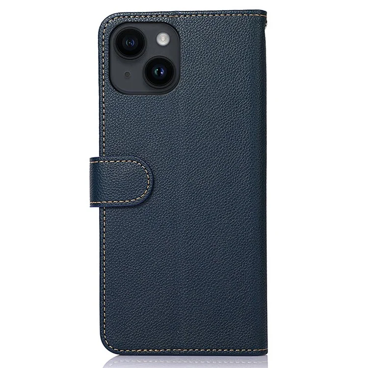 KHAZNEH For iPhone 15 RFID Blocking Litchi Texture Leather Case Stand Wallet Phone Cover - Blau