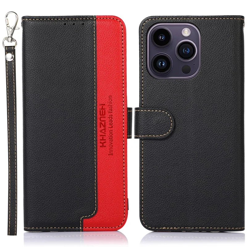 KHAZNEH PU Leather Case voor iPhone 15 Pro Max, RFID-blockerende standaard portemonnee litchi-structuur telefoonhoes - Zwart