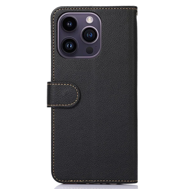 KHAZNEH PU Leather Case voor iPhone 15 Pro Max, RFID-blockerende standaard portemonnee litchi-structuur telefoonhoes - Zwart