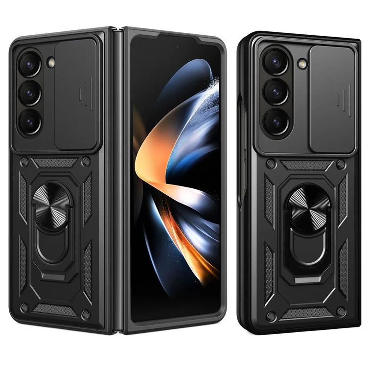 Pour Samsung Galaxy Z Fold5 5G Coque de téléphone avec support Étui en PC + TPU avec protecteur d'objectif coulissant - Noir