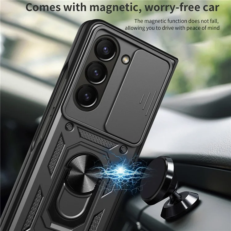 Pour Samsung Galaxy Z Fold5 5G Coque de téléphone avec support Étui en PC + TPU avec protecteur d'objectif coulissant - Noir