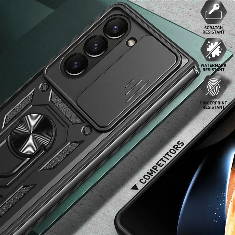 Pour Samsung Galaxy Z Fold5 5G Coque de téléphone avec support Étui en PC + TPU avec protecteur d'objectif coulissant - Noir