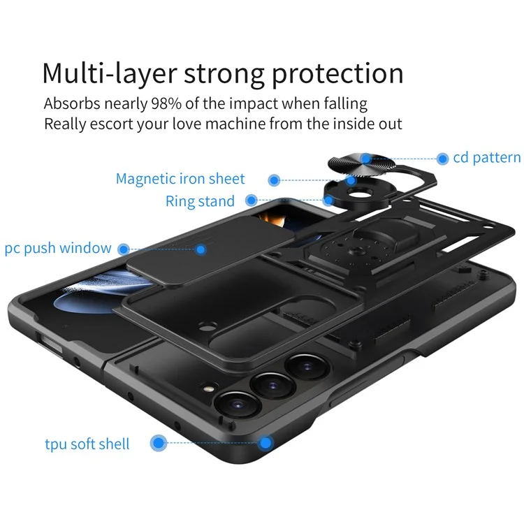 Pour Samsung Galaxy Z Fold5 5G Coque de téléphone avec support Étui en PC + TPU avec protecteur d'objectif coulissant - Noir