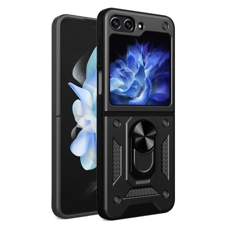 Funda para teléfono con soporte de Kickstand para Samsung Galaxy Z Flip5 5G, Funda de teléfono con soporte magnético para coche de PC+TPU - Negro