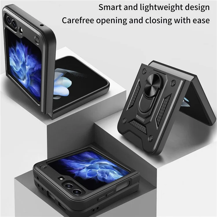 Funda para teléfono con soporte de Kickstand para Samsung Galaxy Z Flip5 5G, Funda de teléfono con soporte magnético para coche de PC+TPU - Negro