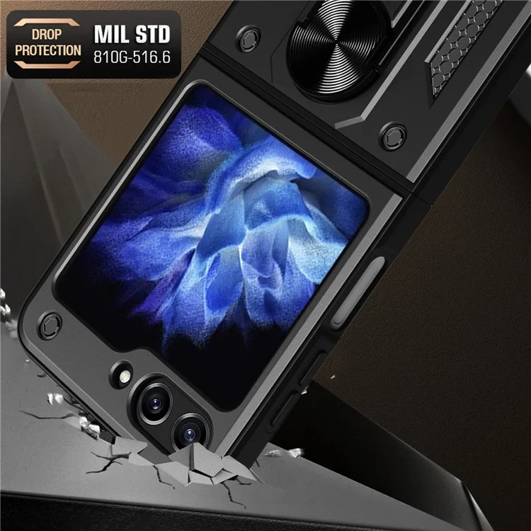 Funda para teléfono con soporte de Kickstand para Samsung Galaxy Z Flip5 5G, Funda de teléfono con soporte magnético para coche de PC+TPU - Negro