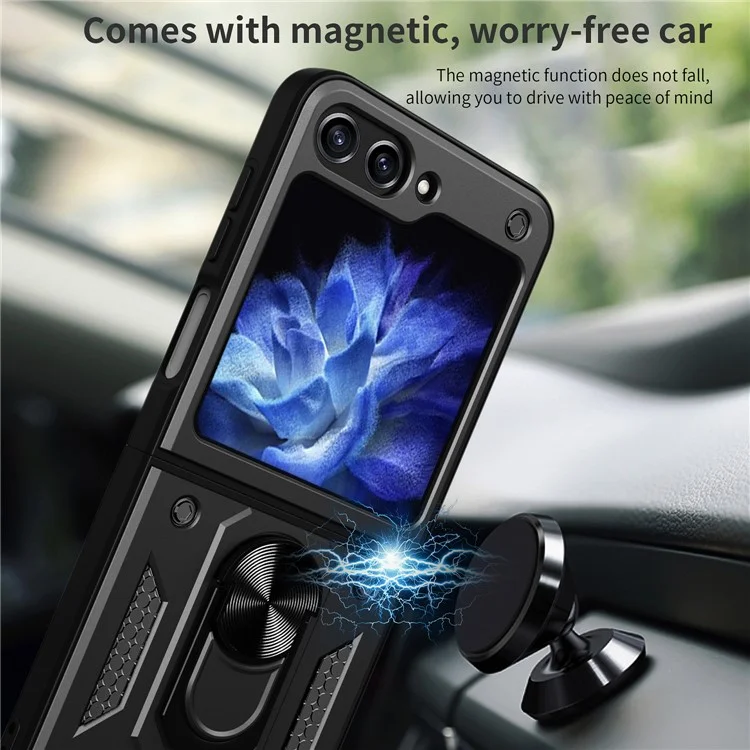 Funda para teléfono con soporte de Kickstand para Samsung Galaxy Z Flip5 5G, Funda de teléfono con soporte magnético para coche de PC+TPU - Negro