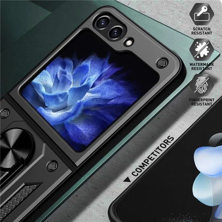 Funda para teléfono con soporte de Kickstand para Samsung Galaxy Z Flip5 5G, Funda de teléfono con soporte magnético para coche de PC+TPU - Negro