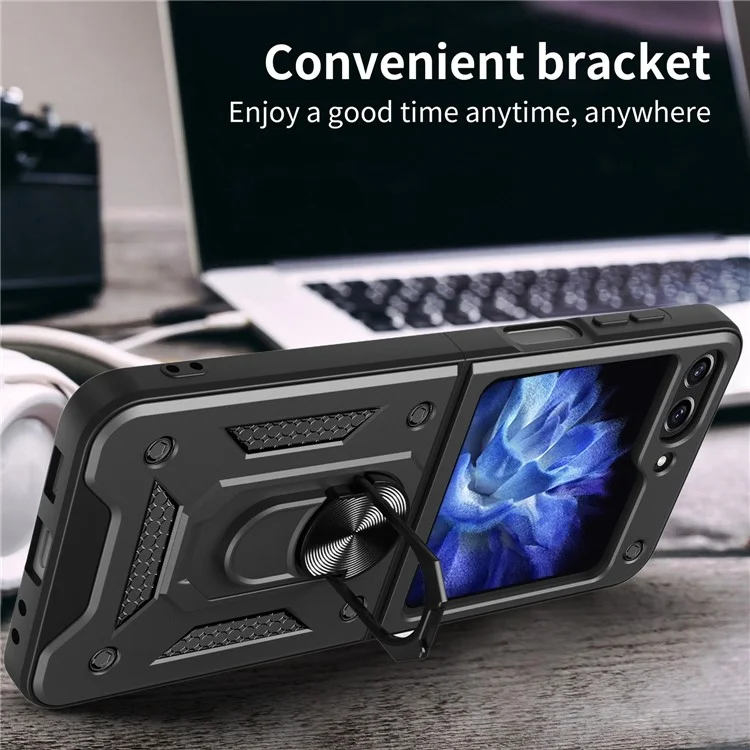 Funda para teléfono con soporte de Kickstand para Samsung Galaxy Z Flip5 5G, Funda de teléfono con soporte magnético para coche de PC+TPU - Negro