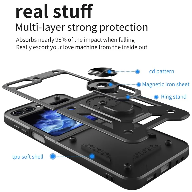 Funda para teléfono con soporte de Kickstand para Samsung Galaxy Z Flip5 5G, Funda de teléfono con soporte magnético para coche de PC+TPU - Negro