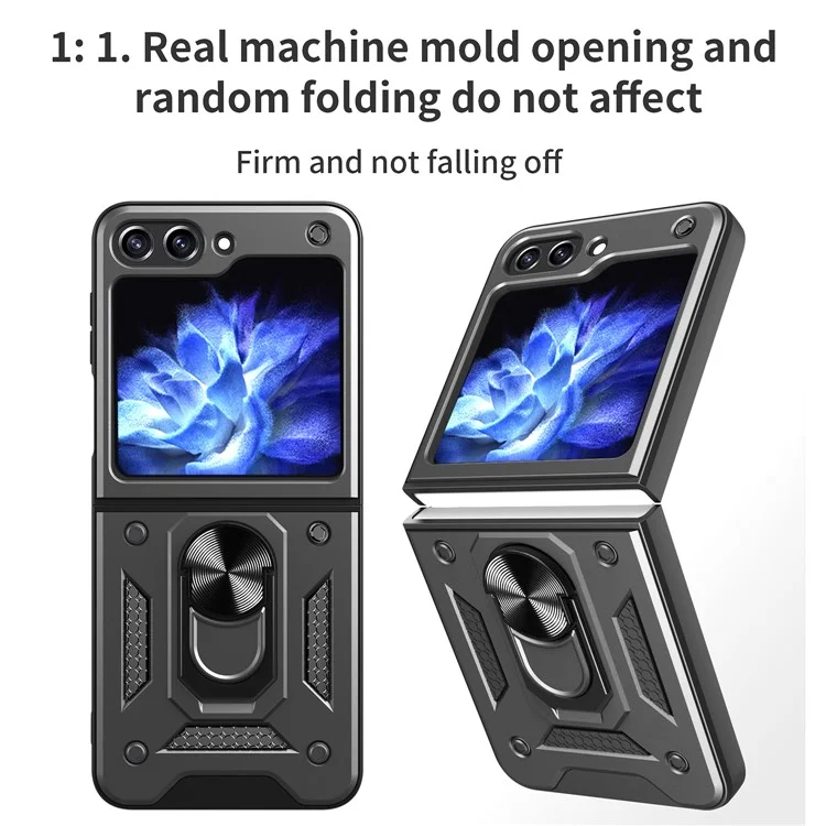 Funda para teléfono con soporte de Kickstand para Samsung Galaxy Z Flip5 5G, Funda de teléfono con soporte magnético para coche de PC+TPU - Negro