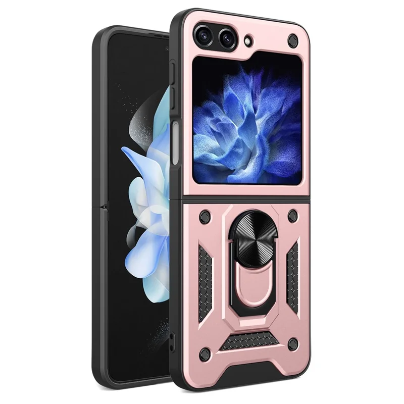 Custodia per telefono con cavalletto per Samsung Galaxy Z Flip5 5G, cover per auto in PC+TPU con magnete - Oro rosa
