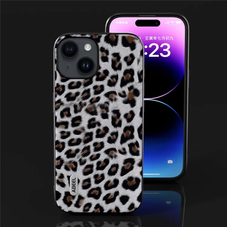 ABEEL Für iPhone 15 Leopard Struktur Handyhülle PU-Leder beschichtet PC+TPU Anti-Sturz Abdeckung - Silber