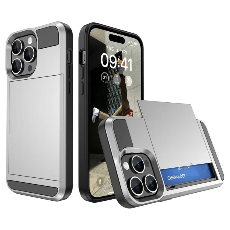 Sliding Card Holder Phone Case for iPhone 15 Plus , Anti-drop PC + TPU Back Cover - Silver