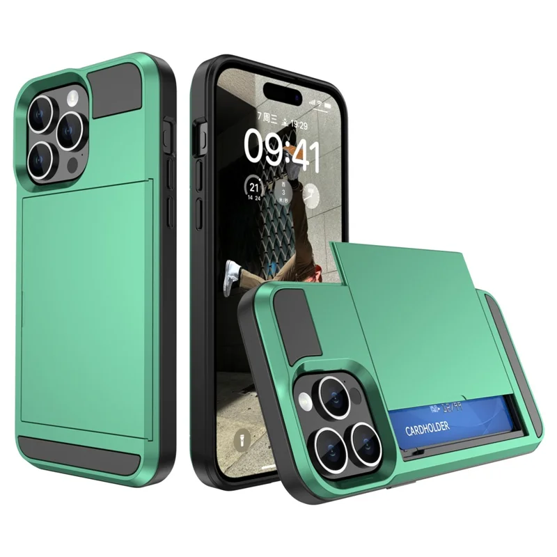 Sliding Card Holder Phone Case for iPhone 15 Plus , Anti-drop PC + TPU Back Cover - Mint Green