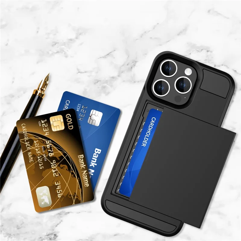 PC + TPU Phone Cover for iPhone 15 , Sliding Card Holder Anti-scratch Back Case - Navy Blue