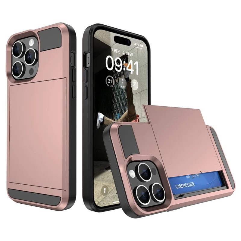 Para iPhone 15 Pro Max PC+TPU Capa de Telefone Deslizante Suporte de Cartão Anti-queda Capa Traseira - Rose Gold