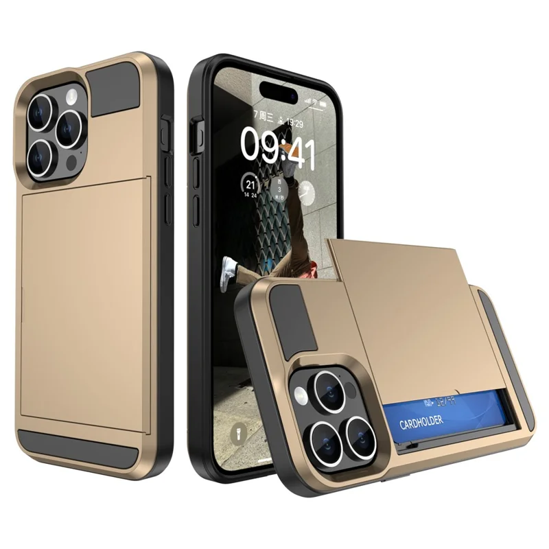 Für iPhone 15 Pro Max PC+TPU Handyhülle mit Kartenfach und stoßfester Rückseite - Gold