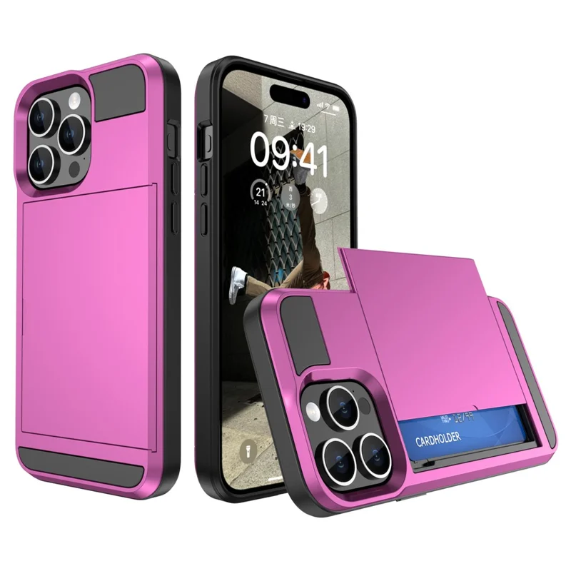 For iPhone 15 Pro Max PC+TPU Phone Cover Sliding Card Holder Anti-drop Back Case - Pink