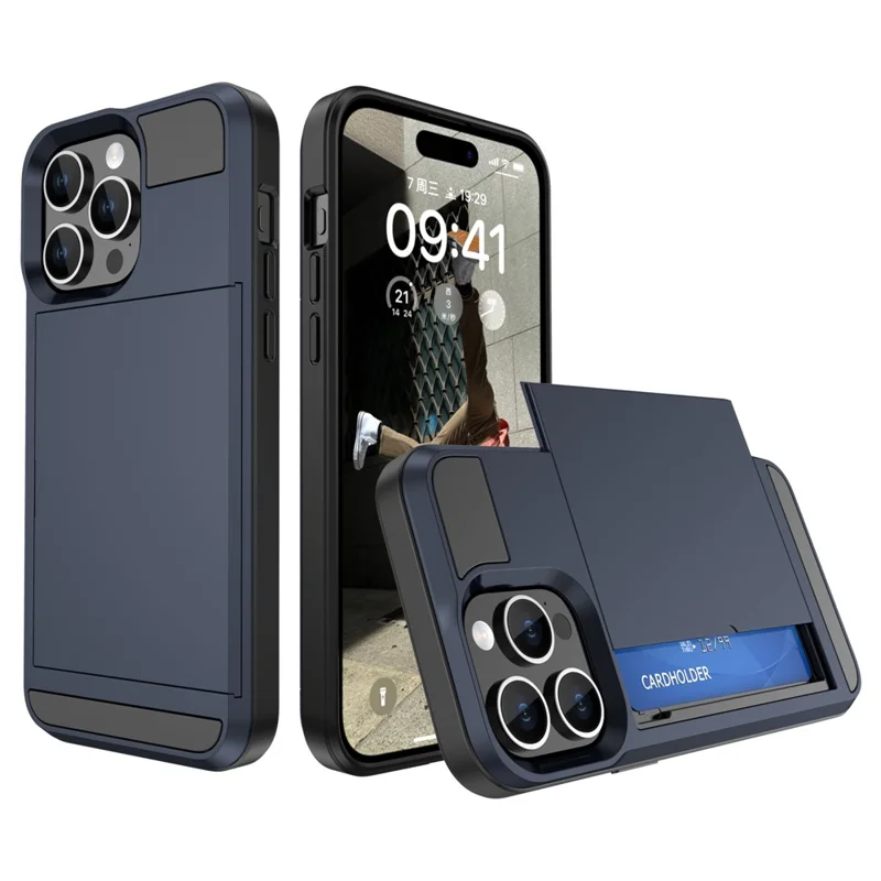 For iPhone 15 Pro Max PC+TPU Phone Cover Sliding Card Holder Anti-drop Back Case - Navy Blue