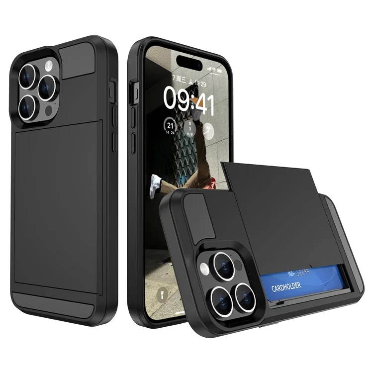 Per iPhone 15 Pro Sliding Card Holder Cover Anti-drop PC+TPU Phone Case - Nero
