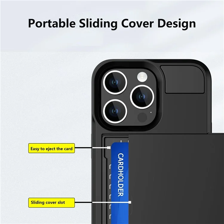 Per iPhone 15 Pro Sliding Card Holder Cover Anti-drop PC+TPU Phone Case - Nero