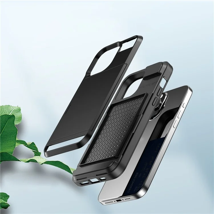 Per iPhone 15 Pro Sliding Card Holder Cover Anti-drop PC+TPU Phone Case - Nero