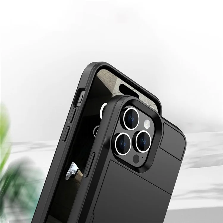 Per iPhone 15 Pro Sliding Card Holder Cover Anti-drop PC+TPU Phone Case - Nero