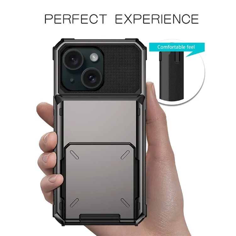For iPhone 15 TPU + PC Shockproof Phone Case Flip Card Holder Back Cover - Grey
