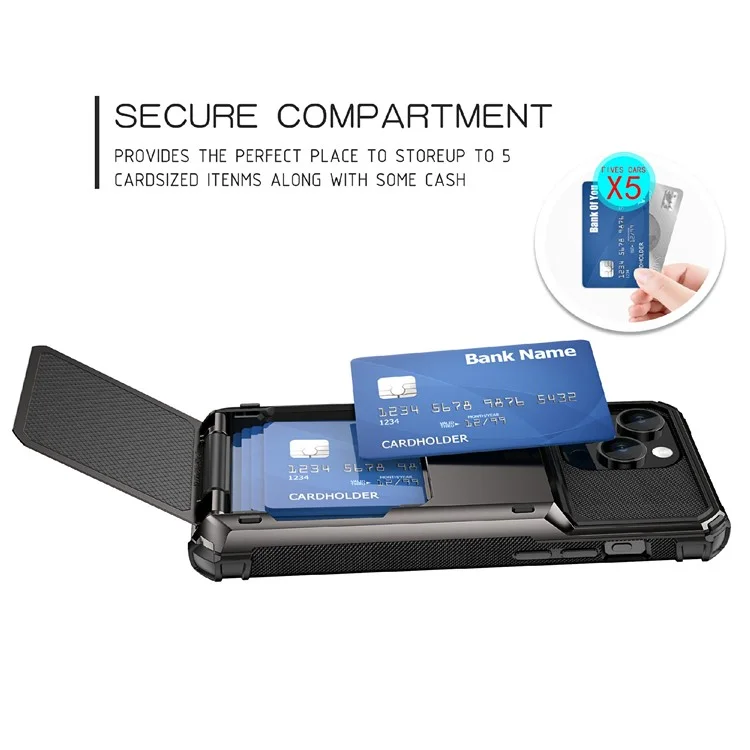 For iPhone 15 TPU + PC Shockproof Phone Case Flip Card Holder Back Cover - Grey