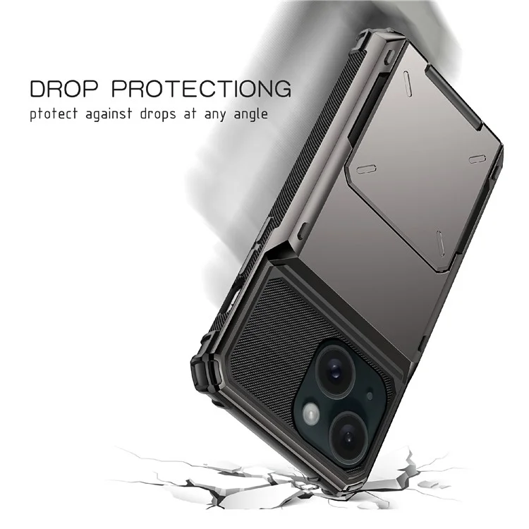 For iPhone 15 TPU + PC Shockproof Phone Case Flip Card Holder Back Cover - Grey