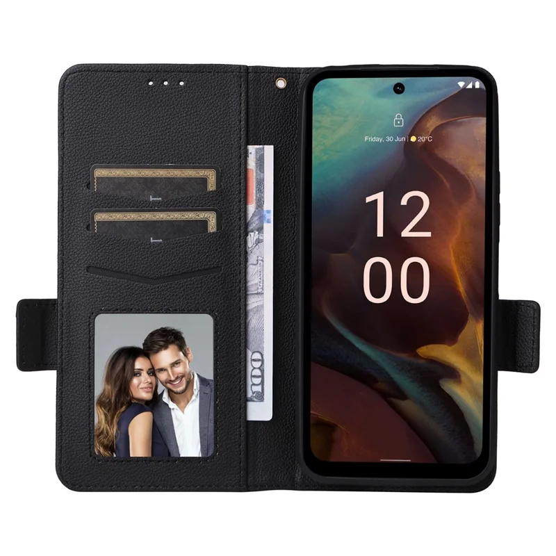 Wallet Stand Phone Case für Nokia XR21 Litchi-Textur PU-Leder stoßfeste Hülle - Schwarz