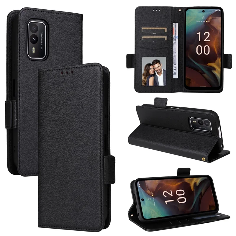 Wallet Stand Phone Case für Nokia XR21 Litchi-Textur PU-Leder stoßfeste Hülle - Schwarz