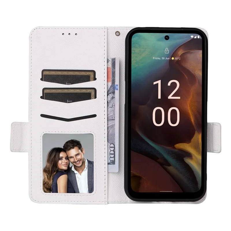 Wallet Stand Phone Case for Nokia XR21 Litchi Texture PU Leather Shockproof Cover - White