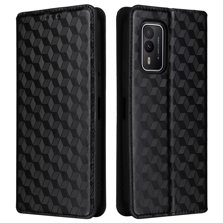 Rhombus Imprinted Shell for Nokia XR21 Bump Proof Phone Cover Stand PU Leather Case - Black