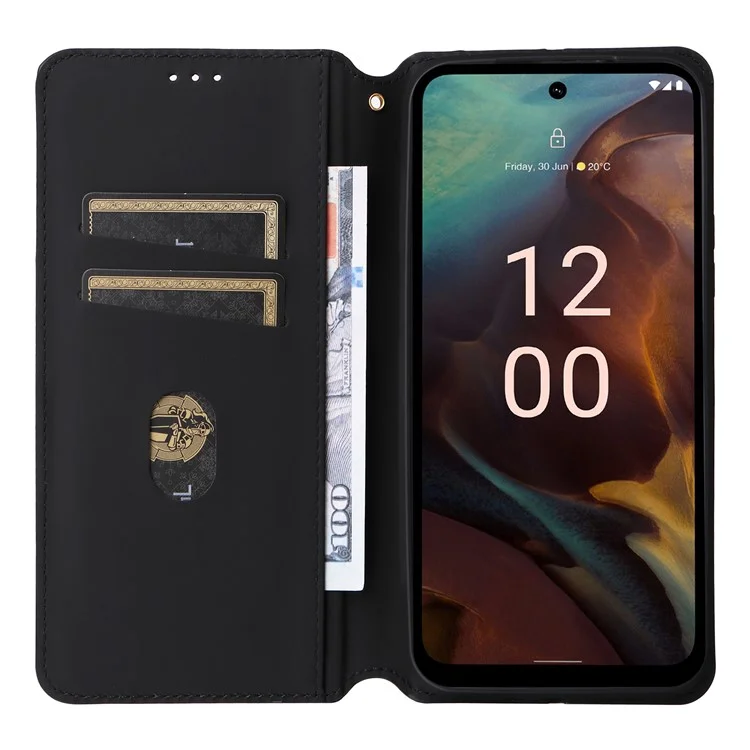 Rhombus Imprinted Shell for Nokia XR21 Bump Proof Phone Cover Stand PU Leather Case - Black