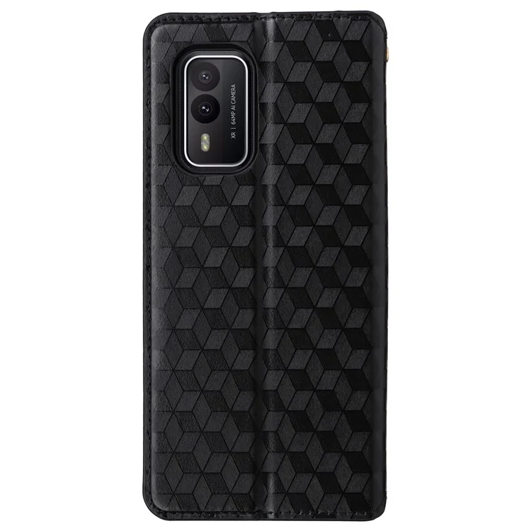 Rhombus Imprinted Shell for Nokia XR21 Bump Proof Phone Cover Stand PU Leather Case - Black