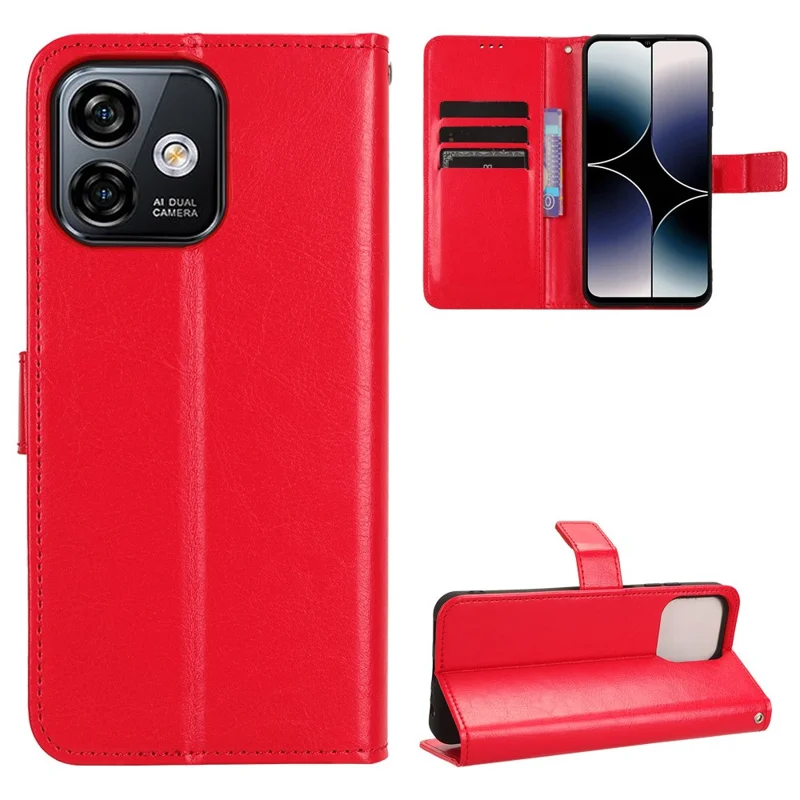 For Ulefone Note 16 Pro Folio Flip Phone Case Crazy Horse Texture PU Leather Stand Wallet Cover - Red