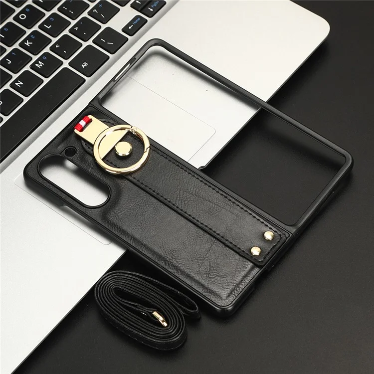 Para Samsung Galaxy Z Fold5 5G Calf Texture PU Leather PC Case Kickstand Grip Phone Cover with Shoulder Strap - Negro
