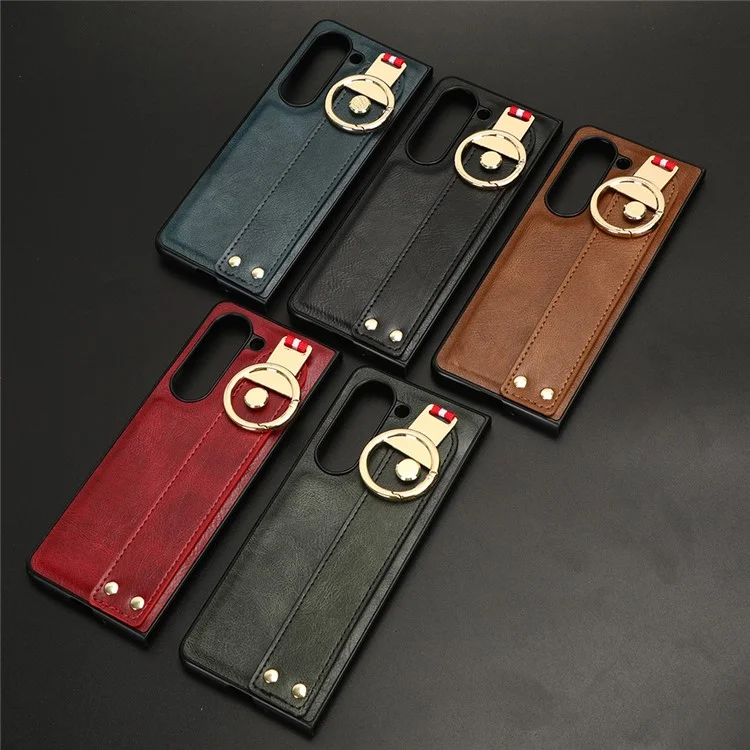 Para Samsung Galaxy Z Fold5 5G Calf Texture PU Leather PC Case Kickstand Grip Phone Cover with Shoulder Strap - Negro