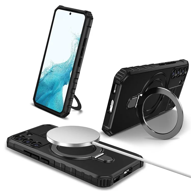 For Samsung Galaxy S22 5G Magnetic Case Compatible with MagSafe PC+TPU Kickstand Phone Cover - Black