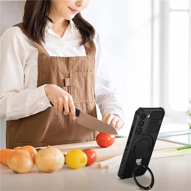 For Samsung Galaxy S22 5G Magnetic Case Compatible with MagSafe PC+TPU Kickstand Phone Cover - Black