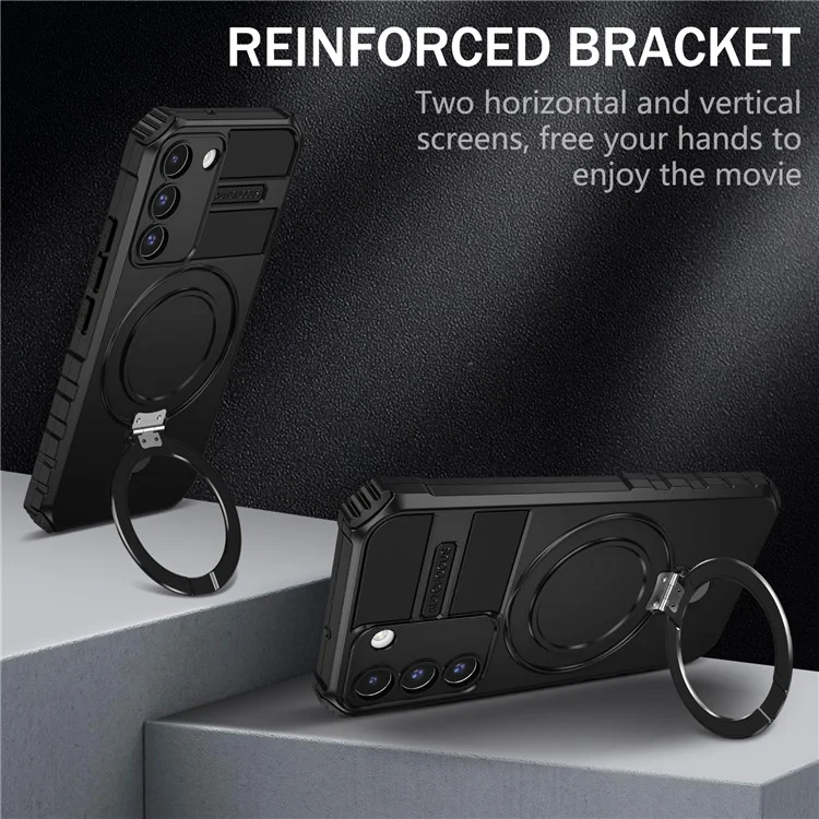 For Samsung Galaxy S22 5G Magnetic Case Compatible with MagSafe PC+TPU Kickstand Phone Cover - Black