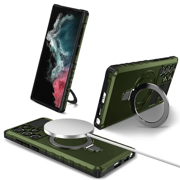 Pour Samsung Galaxy S22 Ultra 5G PC+TPU Coque de protection antichoc avec support de bague magnétique - Vert