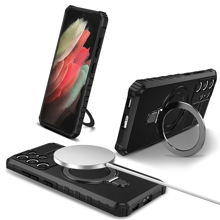 Para Samsung Galaxy S21 Ultra 5G Funda de Soporte Magnético de PC+TPU Resistente a los Arañazos - Negro