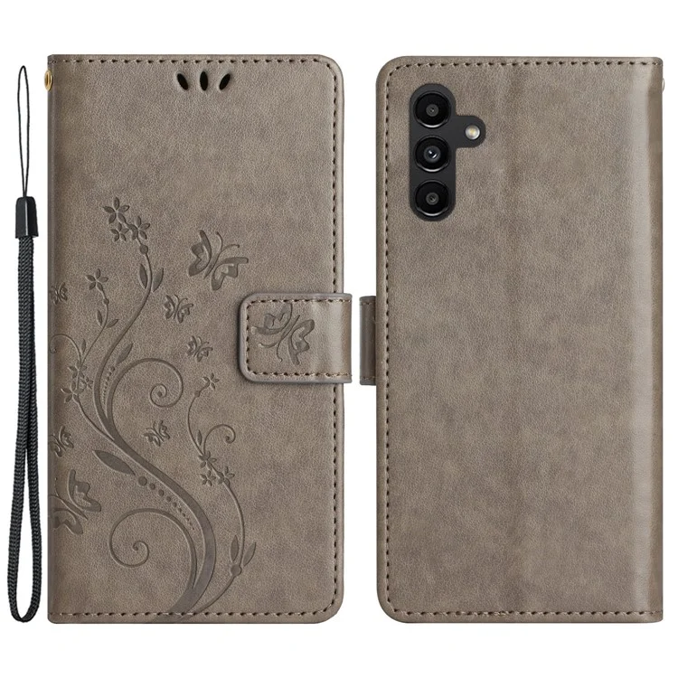 For Samsung Galaxy M54 5G / F54 5G Phone Case Imprinted Butterflies PU Leather Wallet Cover Stand with Strap - Grey