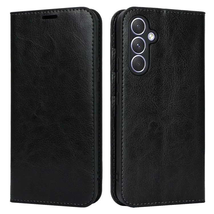 Stand Wallet für Samsung Galaxy A54 5G Crazy Horse-Textur Echtes Rindsleder-Telefon-Hülle - Schwarz