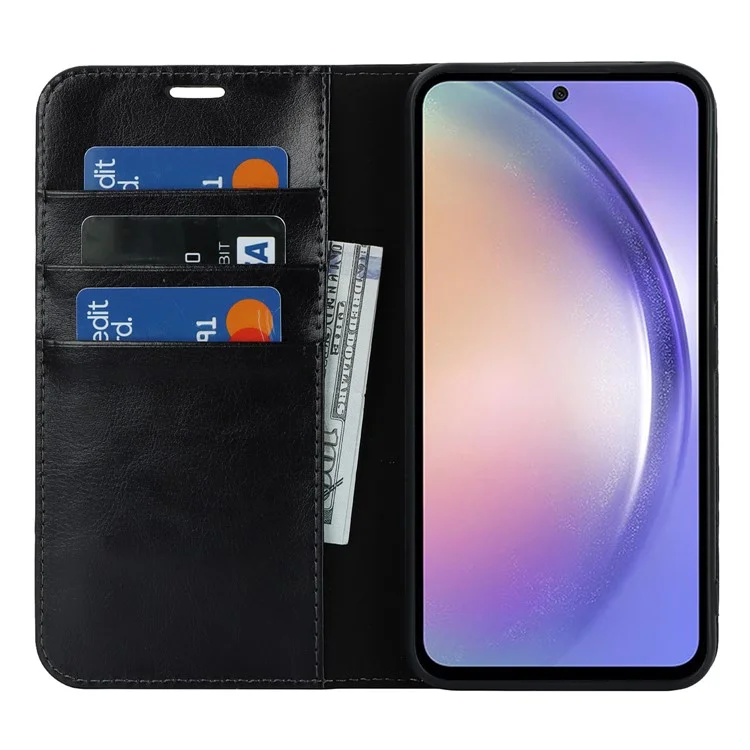 Stand Wallet für Samsung Galaxy A54 5G Crazy Horse-Textur Echtes Rindsleder-Telefon-Hülle - Schwarz